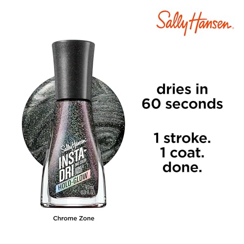 Sally Hansen Insta-Dri Holo-Glow Nail Polish | Quick Dry, Long Lasting, Streak-Free Shine | Opaque, Shimmery | 108 Chrome Zone | Holographic Silver Nail Color