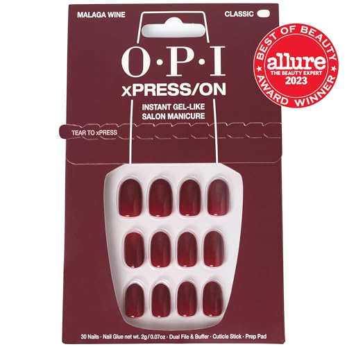OPI xPRESS/ON Malaga Wine | Dark Red Short Round Press On Nails | With Nail Glue | Long Lasting, Reusable, Non-damaging