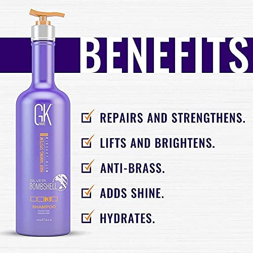 GK Hair Global Keratin Silver Bombshell Purple Shampoo 710ml For Blonde Platinum Ash Silver & Gray Hair Moisturizes Dry & Damaged Removes Yellow Brassy Tones