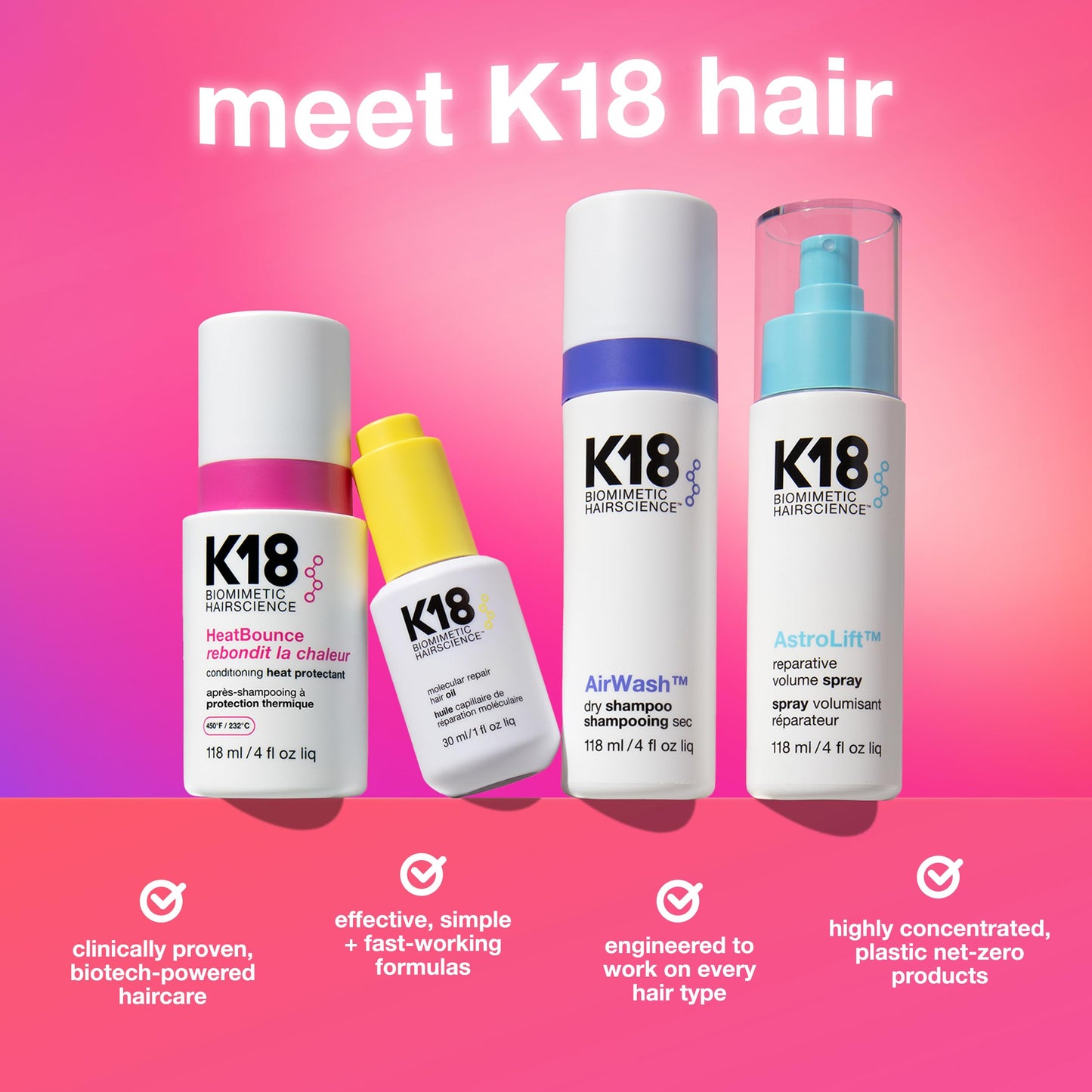 K18 HeatBounce Conditioning Heat Protectant Spray, Lightweight Leave-In Conditioner + 450℉ (232°C) Inside-Out Heat Protection, Soften, Smooth + Detangle All Hair Types, 4 Fl Oz Liq