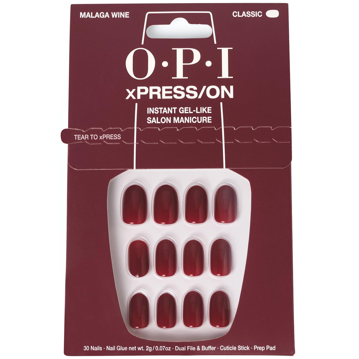 OPI xPRESS/ON Malaga Wine | Dark Red Short Round Press On Nails | With Nail Glue | Long Lasting, Reusable, Non-damaging