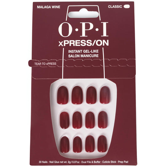 OPI xPRESS/ON Malaga Wine | Dark Red Short Round Press On Nails | With Nail Glue | Long Lasting, Reusable, Non-damaging