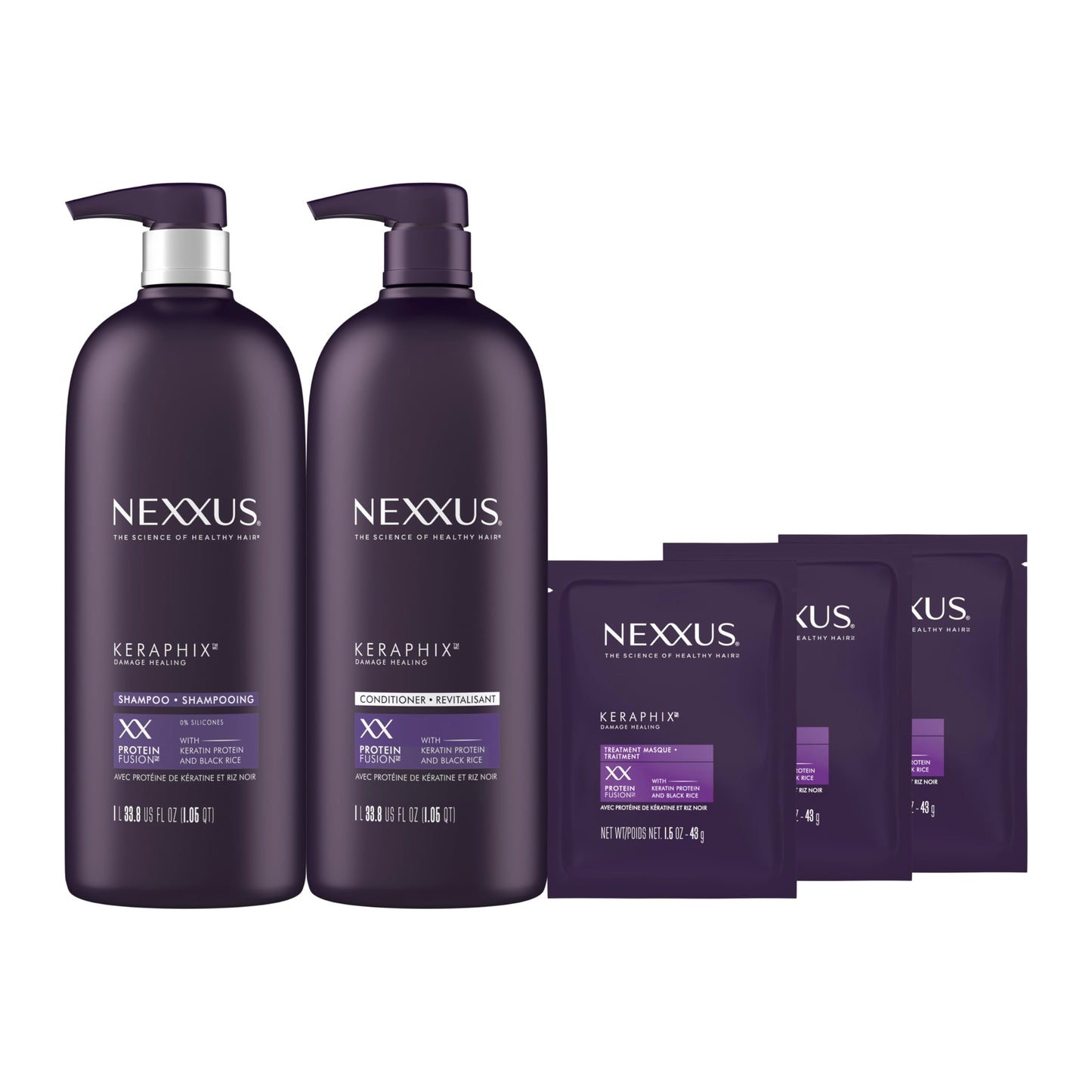 Nexxus Keraphix Shampoo and Conditioner - Damaged Hair Treatment System with Keratin Protein and Black Rice, 2 Count & 3 Repair Masks Treatment, 33.8 oz, 1.5 oz, 3 Count, 5 Count ( Pack of 1)