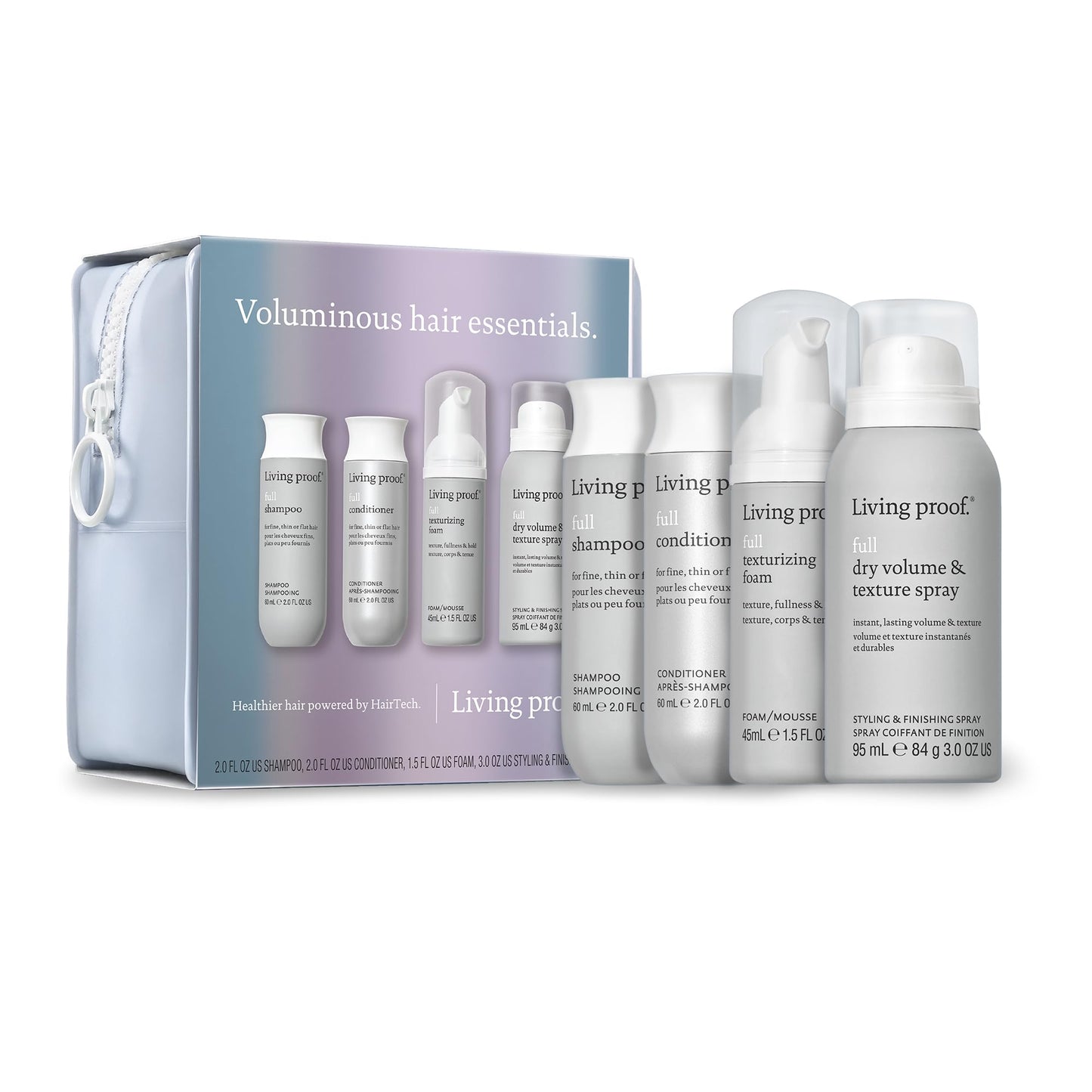Living Proof Voluminous Hair Essentials Kit - Travel Size Full Shampoo, Conditioner, Texture Foam and Dry Volume & Texture Spray ($76 value)
