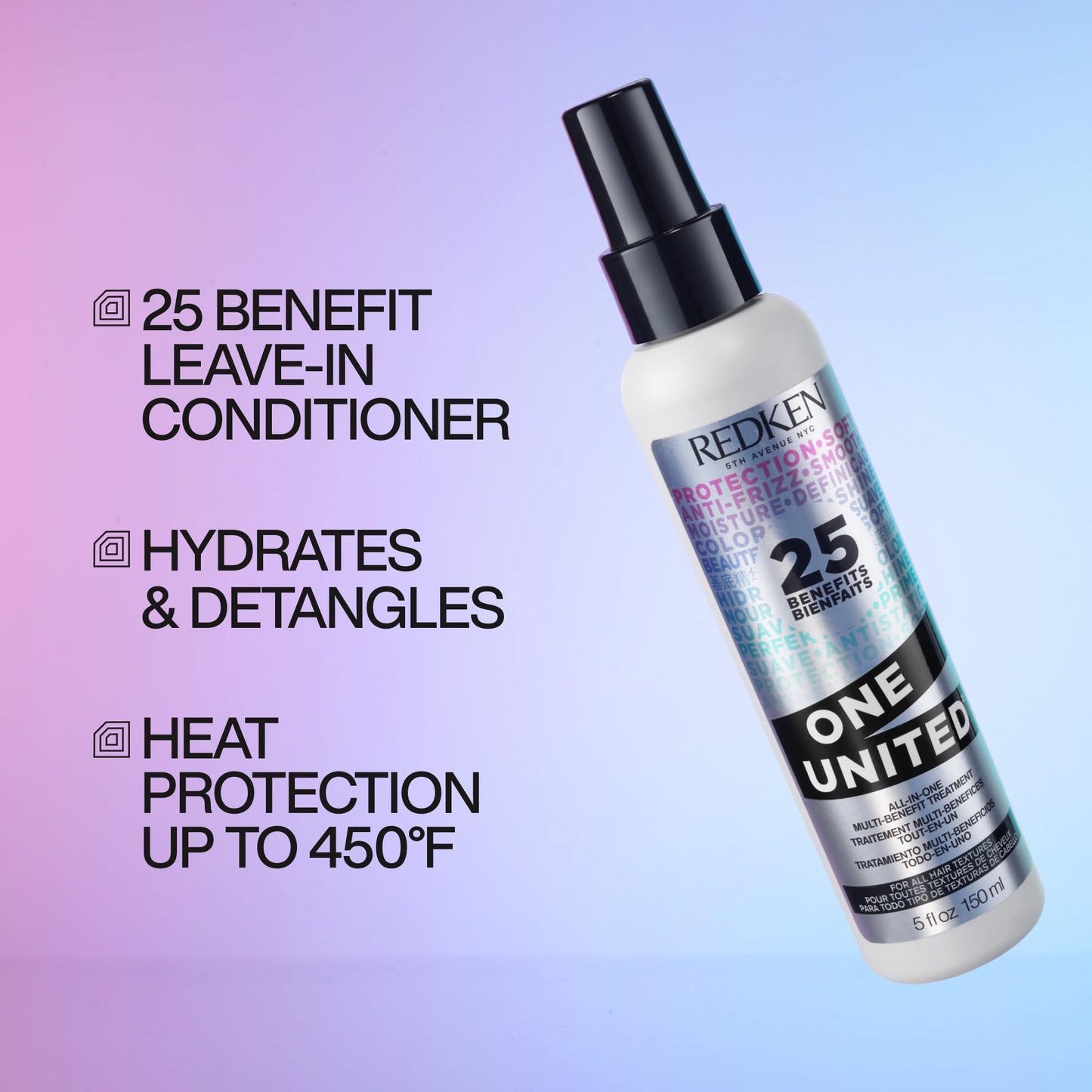 Redken One United All-In-One Leave In Conditioner - Multi-Benefit Leave In Treatment For All Hair Types, Heat Protectant and Detangler Spray, Paraben-Free, 5 Fl Oz