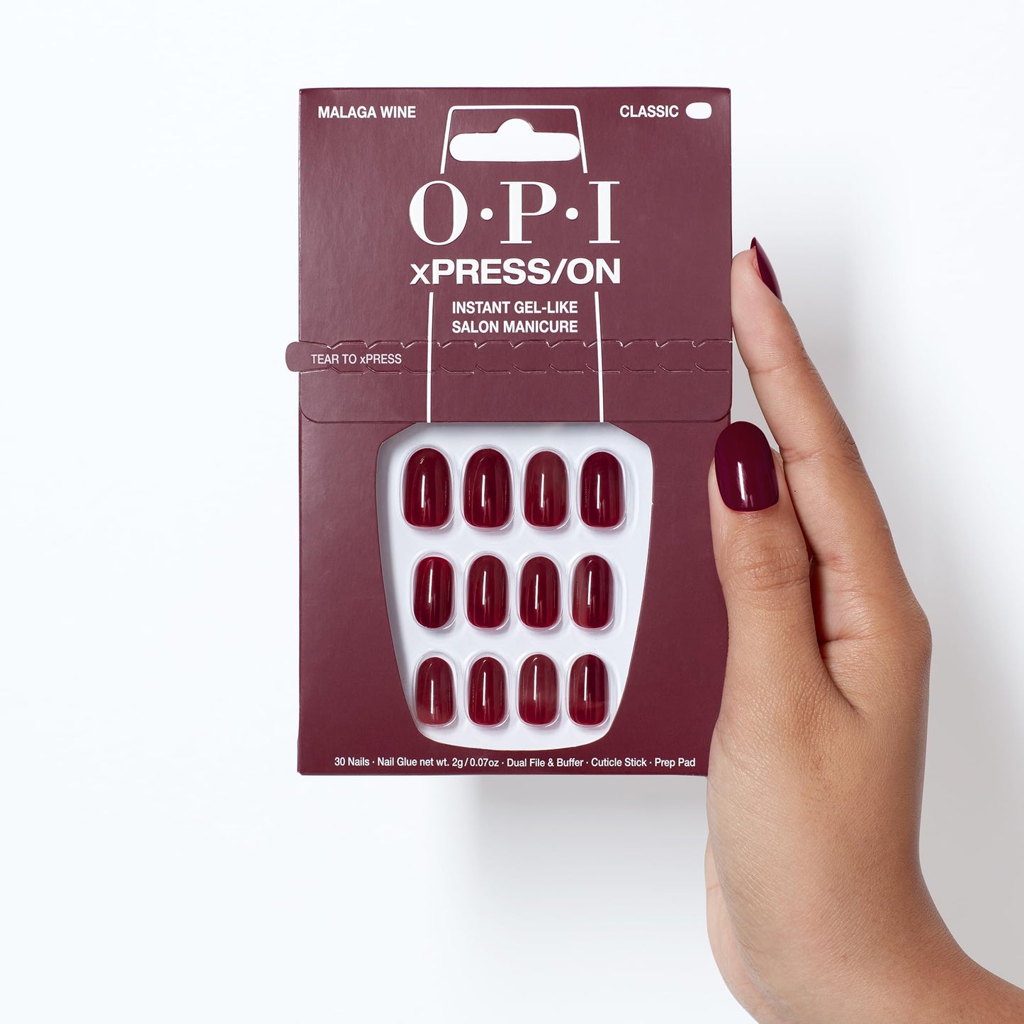 OPI xPRESS/ON Malaga Wine | Dark Red Short Round Press On Nails | With Nail Glue | Long Lasting, Reusable, Non-damaging