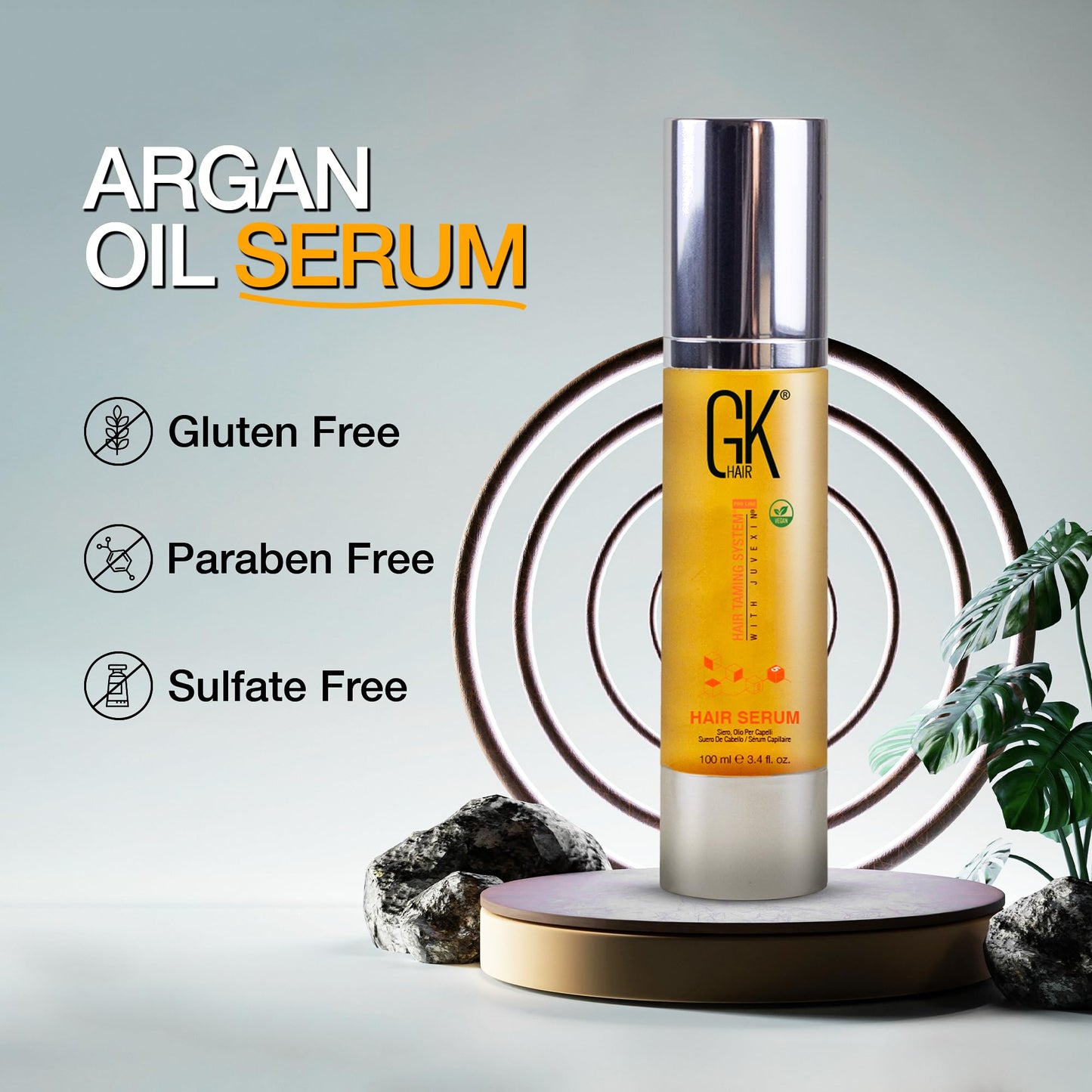 Global Keratin GKHAIR Smoothing Serum (Pack of 1/3.4 fl oz) - 100% Pure Organic Argan Oil | Hydrating Strength Shine Dry Damaged Repair Anti-Frizz Moistures Nourishment