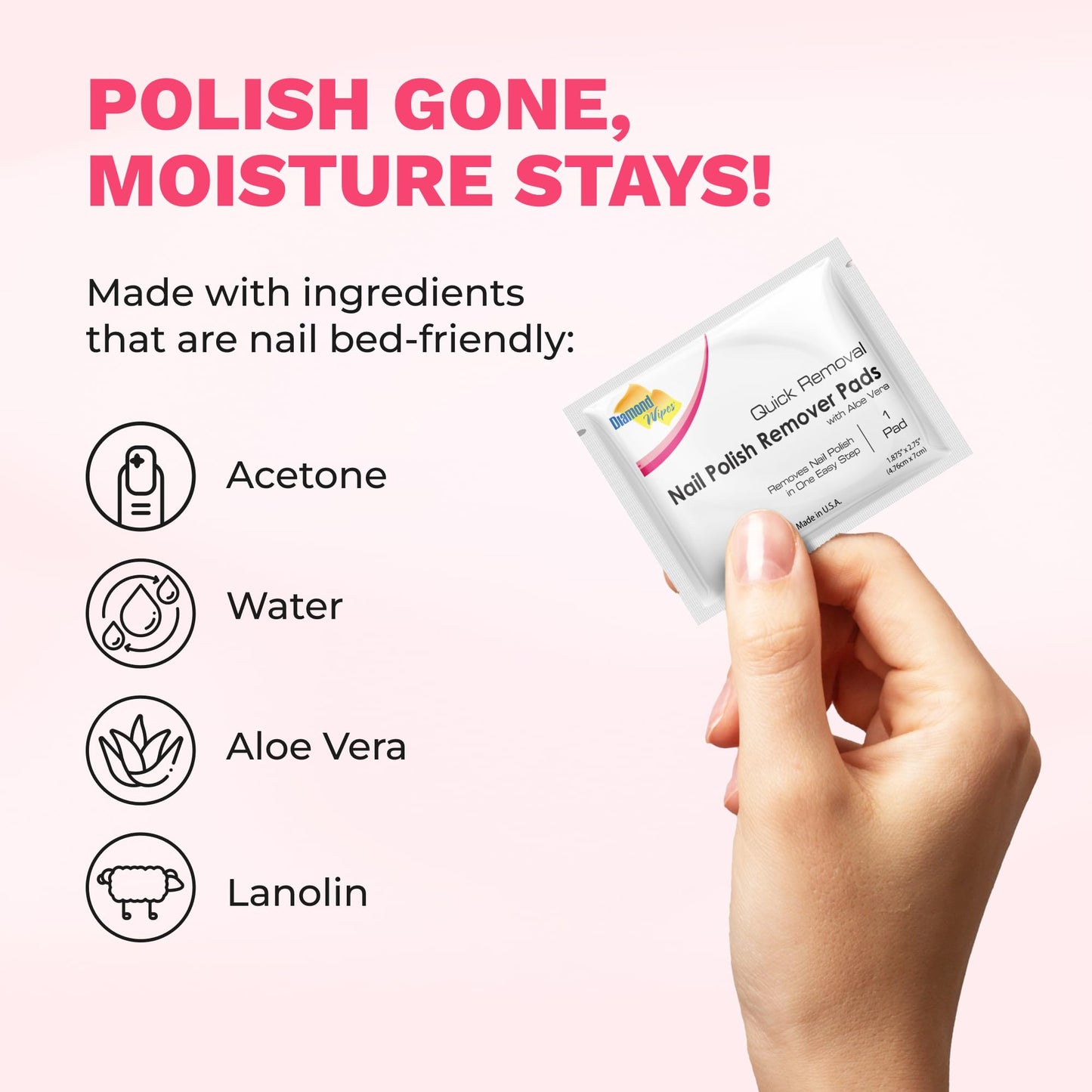 Diamond Wipes Nail Polish Remover Wipes with Aloe Vera, Acetone Nail Polish Remover Pads, 50 Individually Wrapped Nail Polish Wipes
