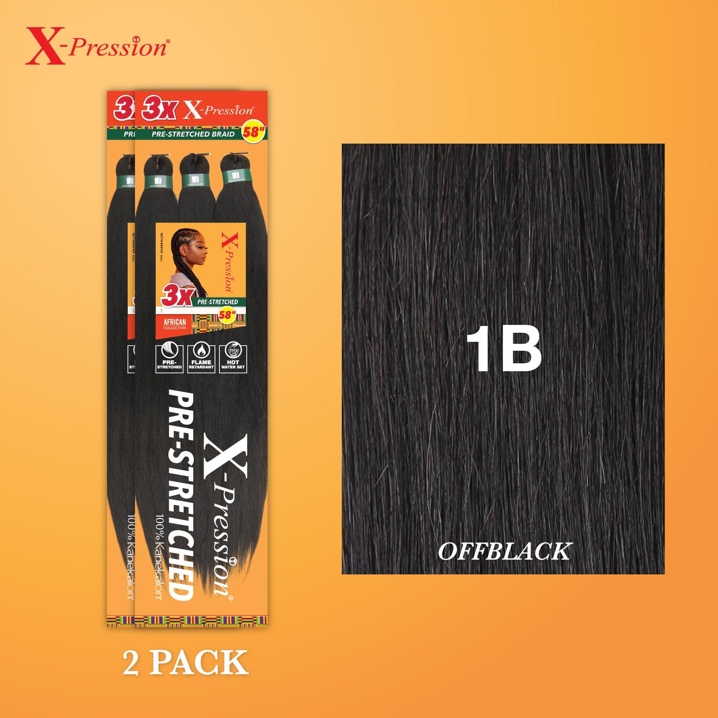 Sensationnel X-pression prestretched braiding hair - 3x braid 58 inch all kanekalon flame retardant synthetic braid for box braids and twists (2 pack, 1B OFFBLACK)