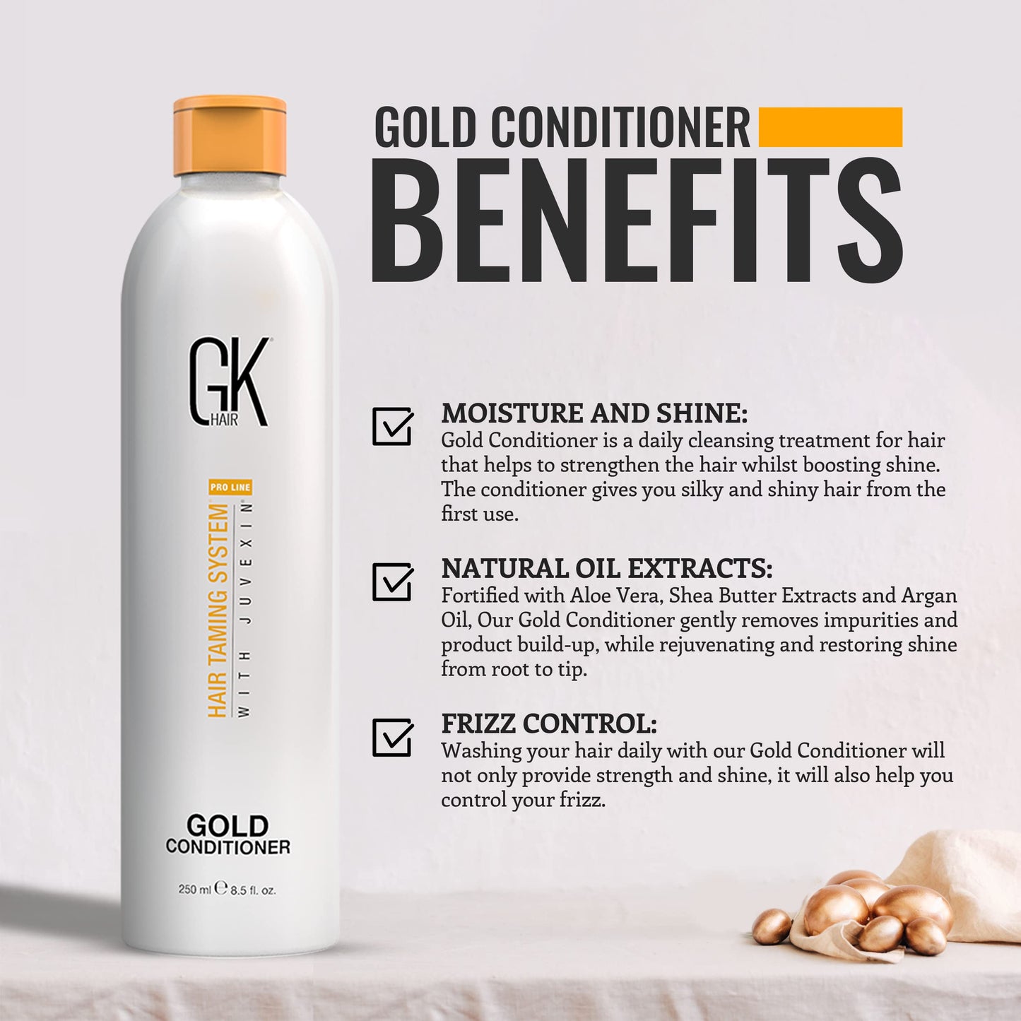 GK HAIR Global Keratin Gold Conditioner (8.5 Fl Oz/250ml) Hair Moisturizing Shine and Protection With Argan Oil, Shea Butter, Natural Oils All Hair Types