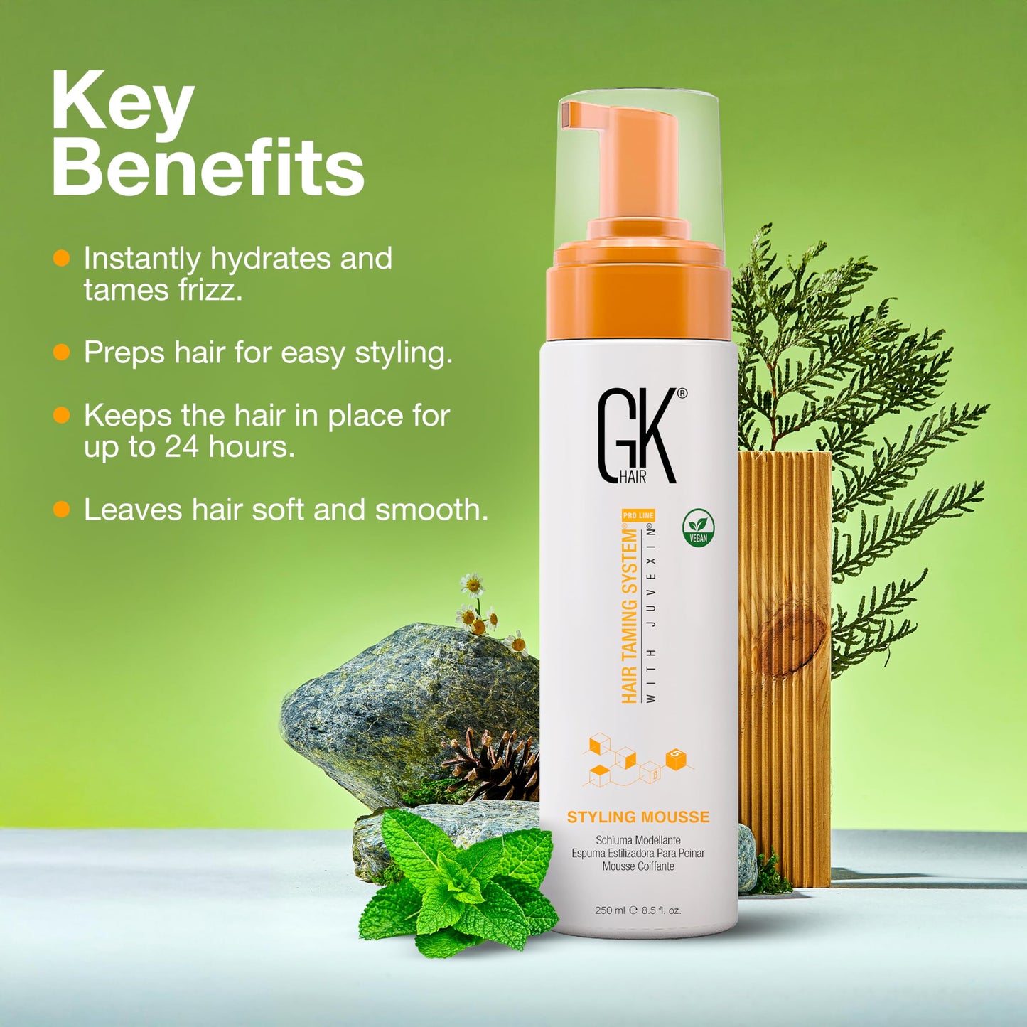 GK HAIR Global Keratin Volumizing Hair Styling Mousse (8.5 Fl Oz/250ml) -Enhances Curls Added Volume with Medium Hold & Boost Shine Moisturizing Blow Dry Frizz Control Foam for All Hair Types -Unisex
