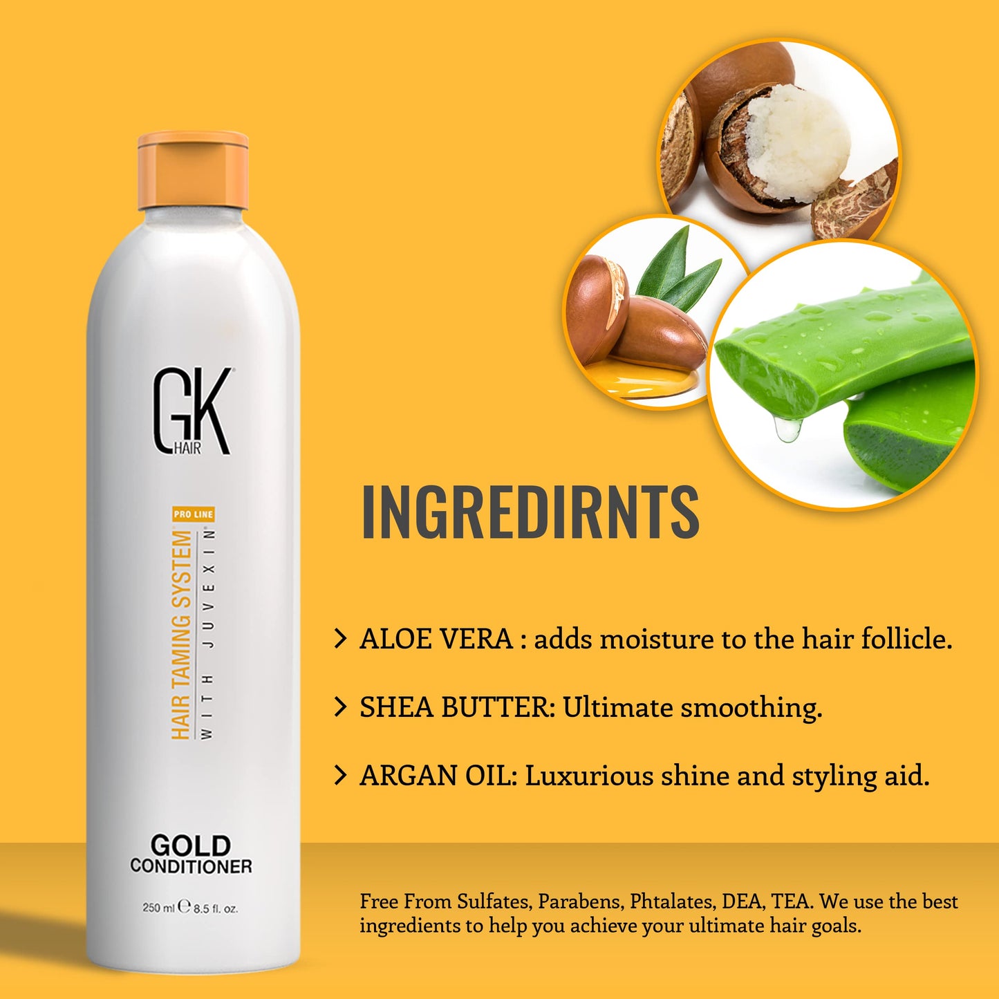 GK HAIR Global Keratin Gold Conditioner (8.5 Fl Oz/250ml) Hair Moisturizing Shine and Protection With Argan Oil, Shea Butter, Natural Oils All Hair Types
