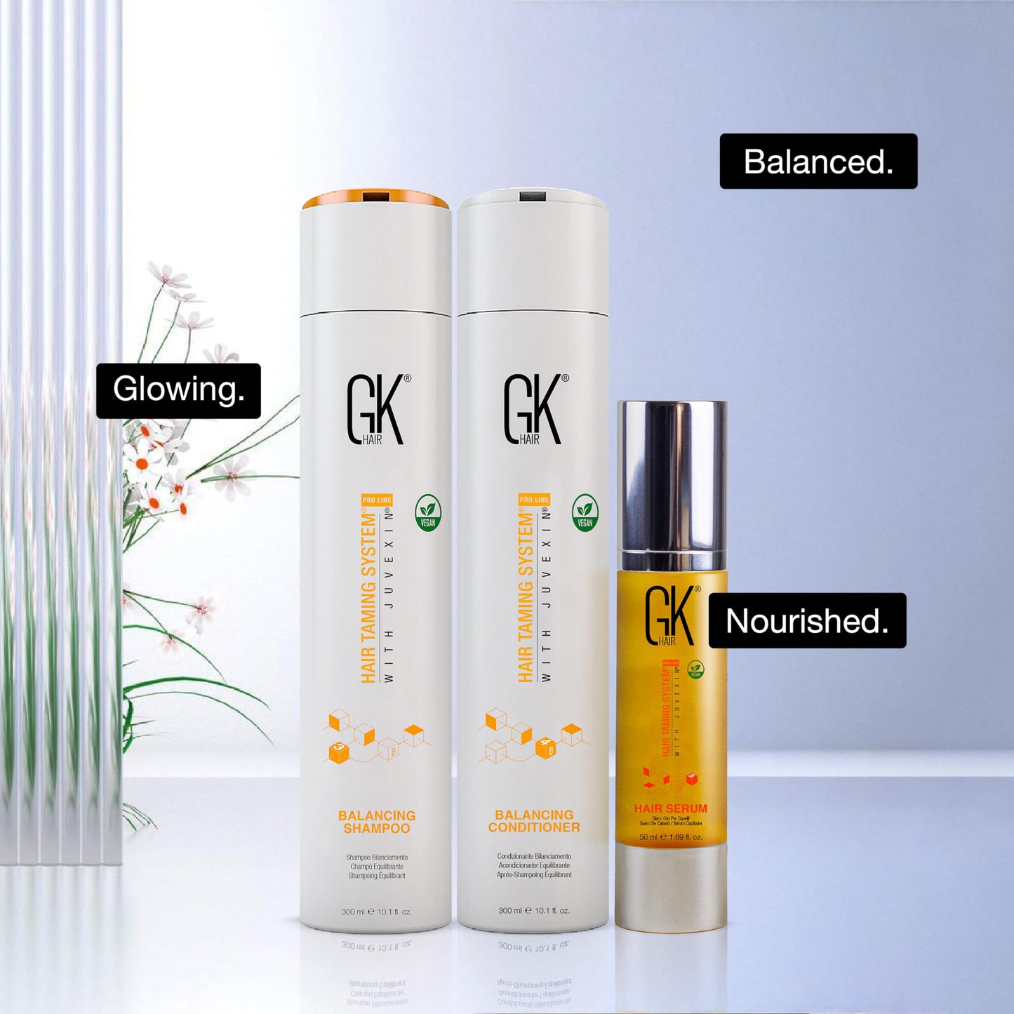 GK HAIR Global Keratin Balancing Shampoo and Conditioner Sets (10.1 Fl Oz/300ml) with Anti Frizz Serum Argan Oil (1.69 Fl Oz/50ml) for Dry Damaged Repair- All Hair Types Sulfate Paraben Free Unisex