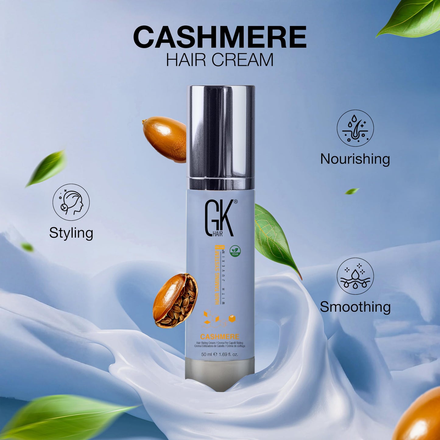GK HAIR Global Keratin Leave in Cashmere Hair Smoothing and Styling Cream (1.69 Fl Oz/50ml) Argan Oil for Anti-Frizz Sleek Shine and Hydrates Dry Damaged and Unmanageable Hair Repair