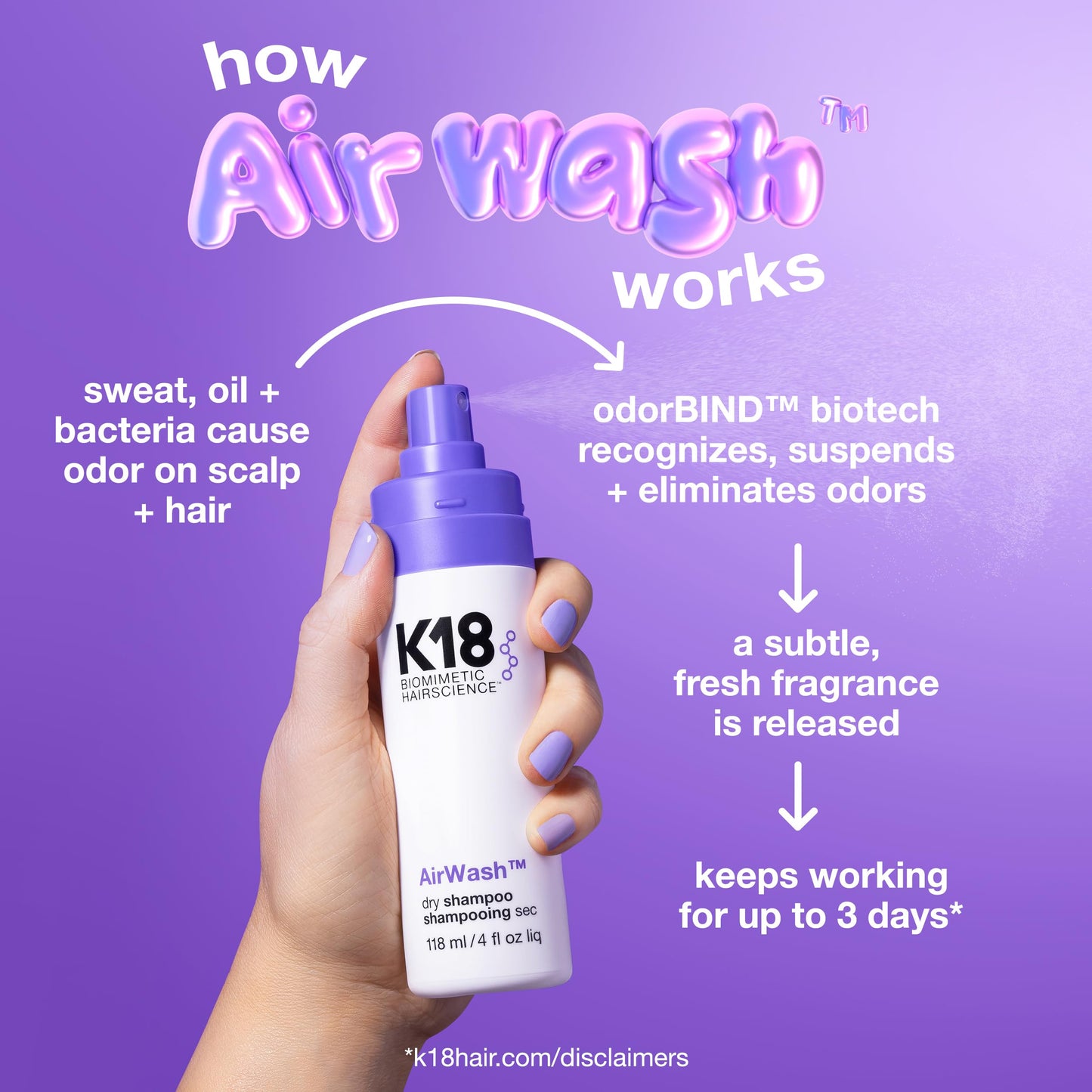 K18 AirWash™ Dry Shampoo, Non-Aerosol, Balances Scalp & Controls Excess Oil Production, 1.6 Fl Oz