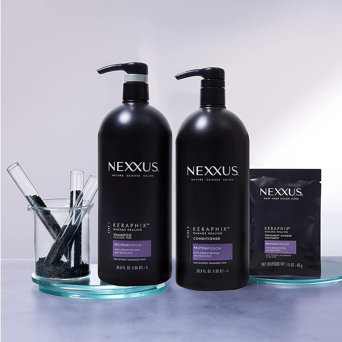 Nexxus Keraphix Shampoo and Conditioner - Damaged Hair Treatment System with Keratin Protein and Black Rice, 2 Count & 3 Repair Masks Treatment, 33.8 oz, 1.5 oz, 3 Count, 5 Count ( Pack of 1)