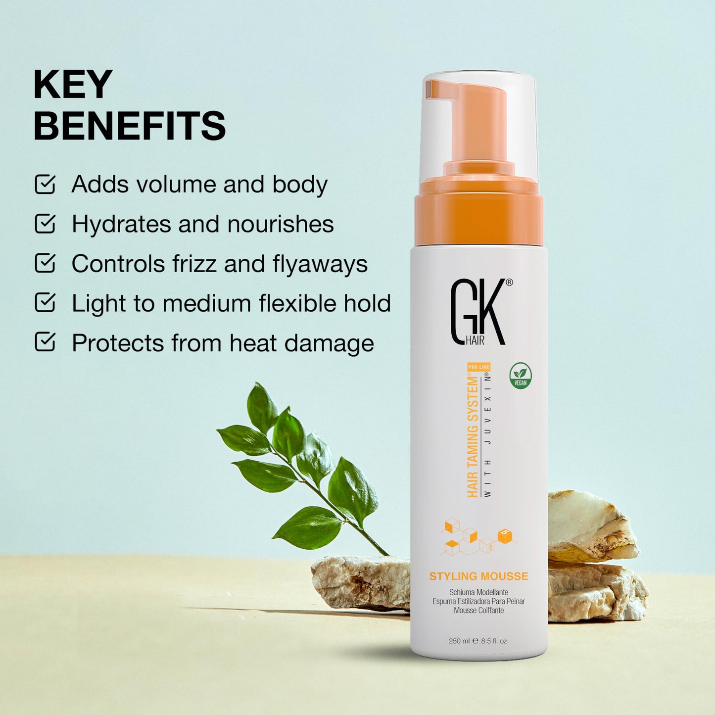 GK HAIR Global Keratin Volumizing Hair Styling Mousse (8.5 Fl Oz/250ml) -Enhances Curls Added Volume with Medium Hold & Boost Shine Moisturizing Blow Dry Frizz Control Foam for All Hair Types -Unisex
