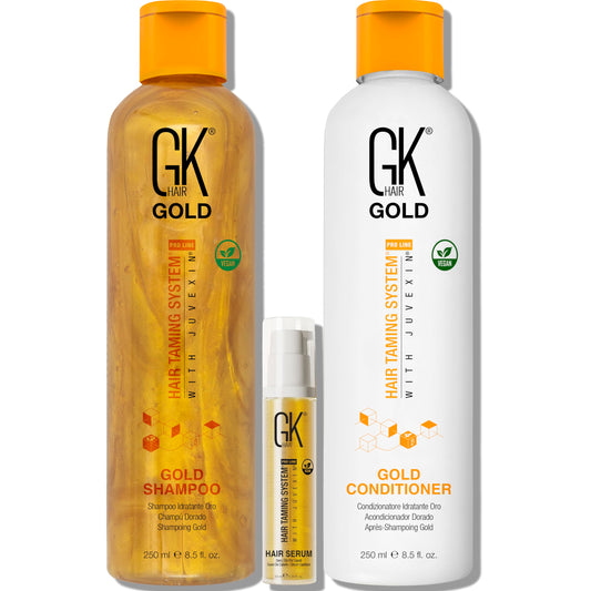 GK Hair Gold Shampoo and Conditioner Duo with Free Argan Oil Serum contains argan Oil, Shea Butter, Natural Oils for Hairs Moisturizing Shine and Protection