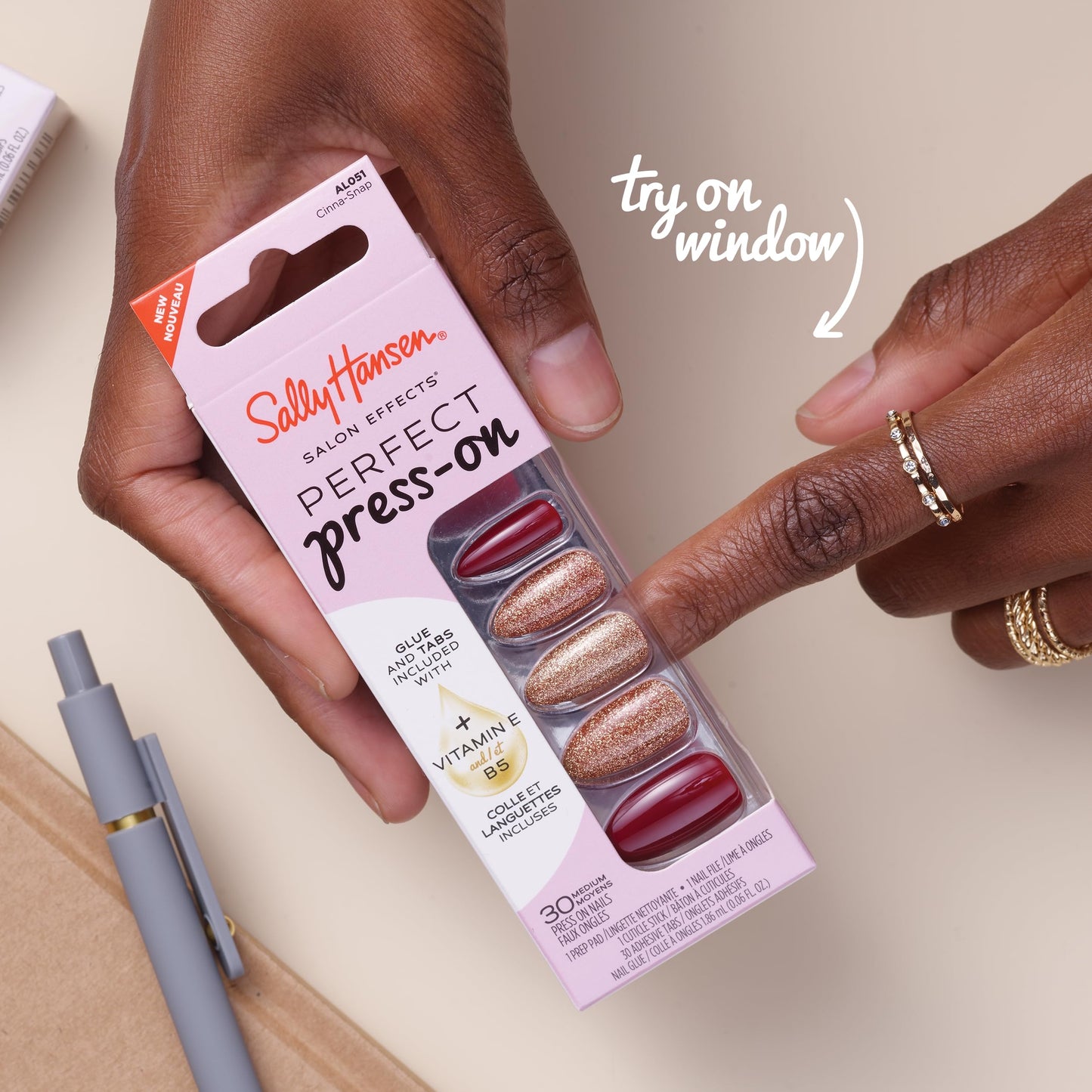 Sally Hansen Salon Effects Perfect Press-On Nails | Coffin Shape | Easy to Apply, Non-Damaging | 30 Nails, Nail Glue, Adhesive Tabs, File | French Twist