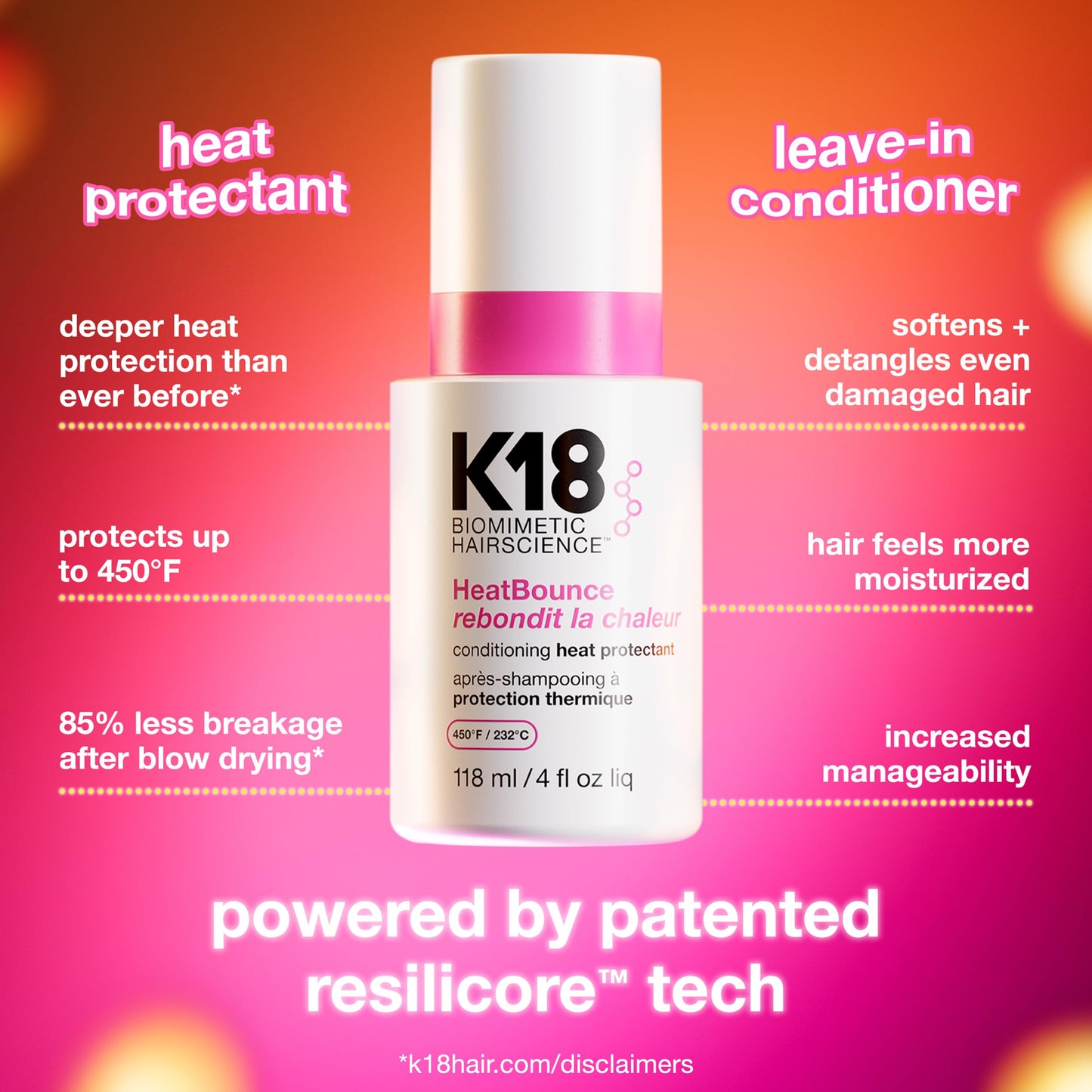 K18 HeatBounce Conditioning Heat Protectant Spray, Lightweight Leave-In Conditioner + 450℉ (232°C) Inside-Out Heat Protection, Soften, Smooth + Detangle All Hair Types, 4 Fl Oz Liq