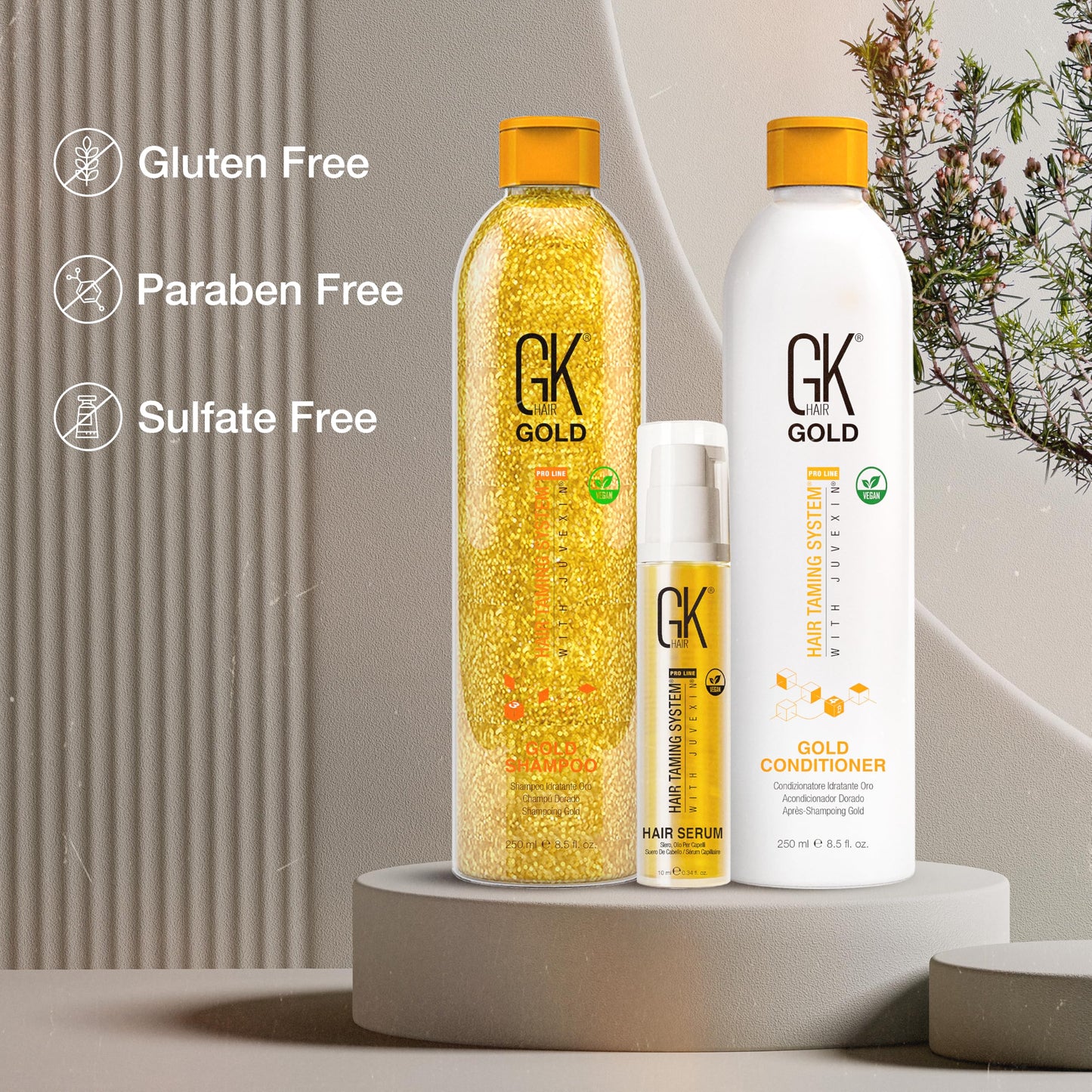 GK Hair Gold Shampoo and Conditioner Duo with Free Argan Oil Serum contains argan Oil, Shea Butter, Natural Oils for Hairs Moisturizing Shine and Protection